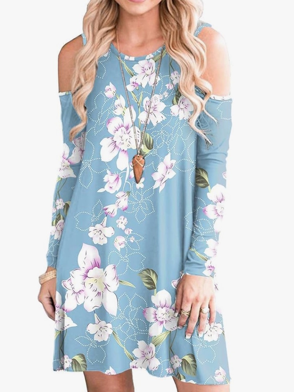 Amazon Size Medium Blue Floral Cold-Shoulder Long Sleeve Dress W/ Purple Flowers